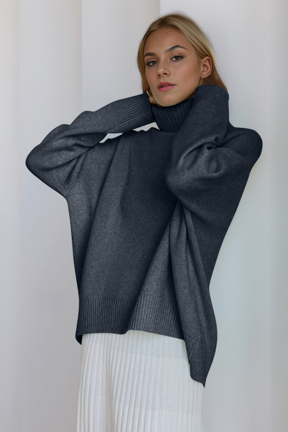 Basic Bae Turtleneck Dropped Shoulder Long Sleeve Sweater - The Goddess Galleries