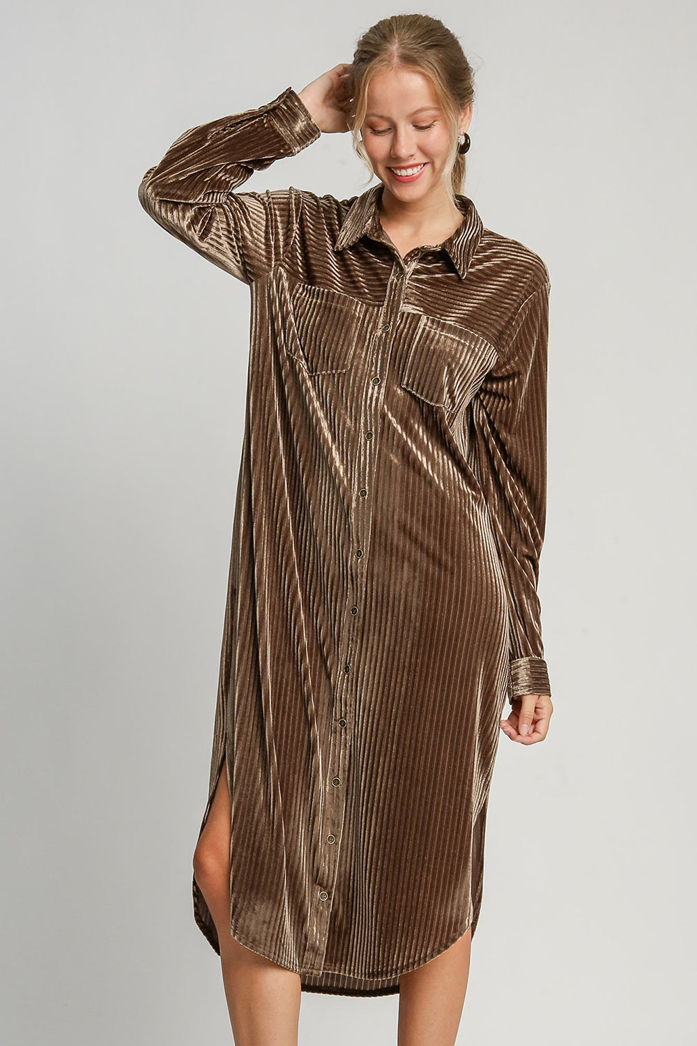 Umgee Texture Curved Hem Button Down Shirt Dress - The Goddess Galleries