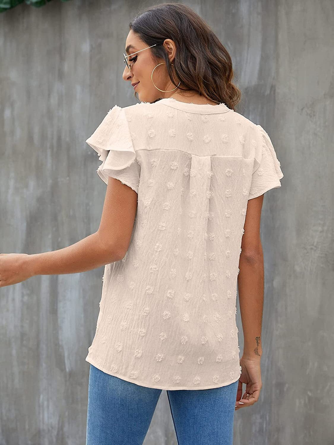 Swiss Dot Notched Flutter Sleeve Blouse - The Goddess Galleries