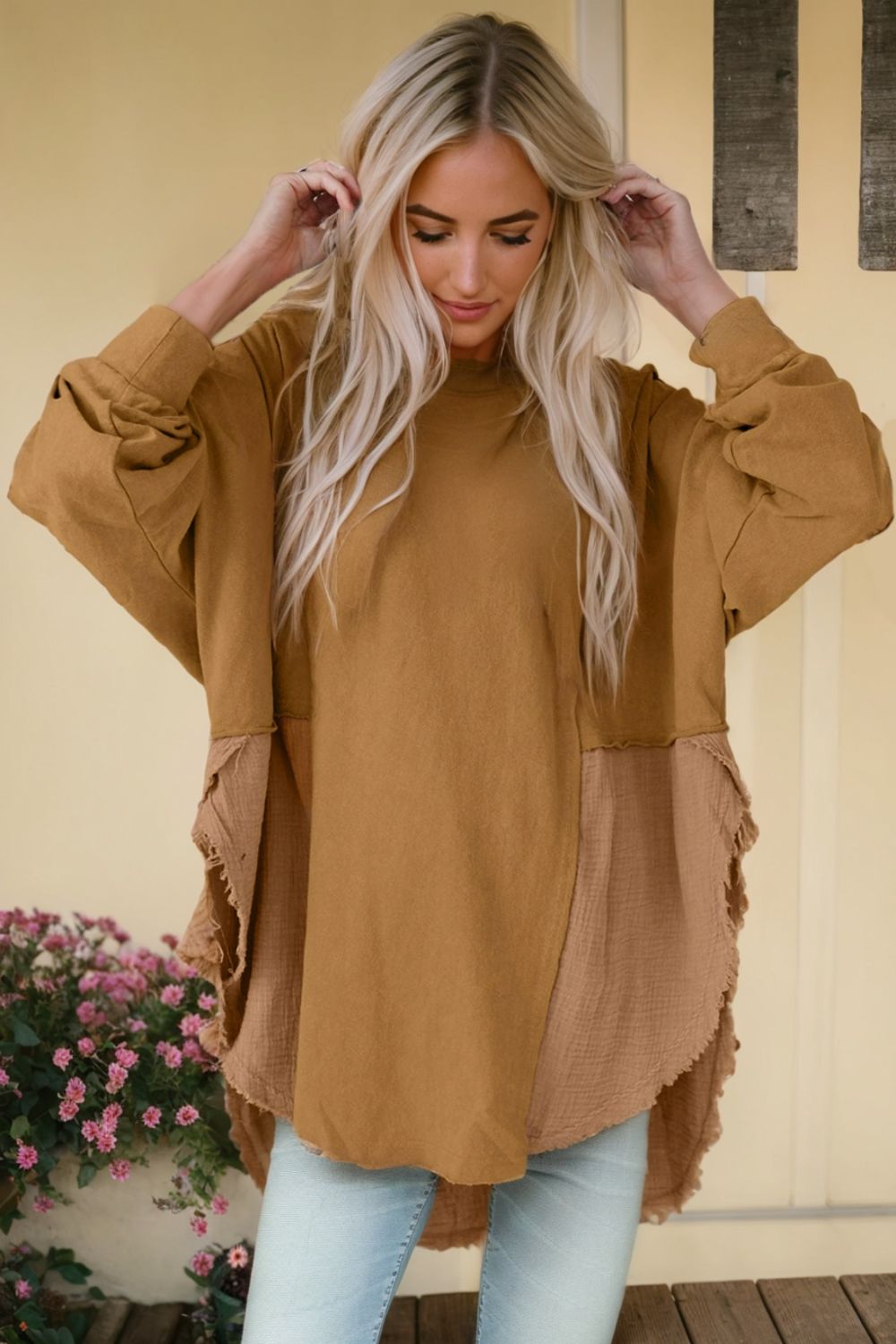 Contrast Texture Round Neck Long Sleeve Blouse - The Goddess Galleries