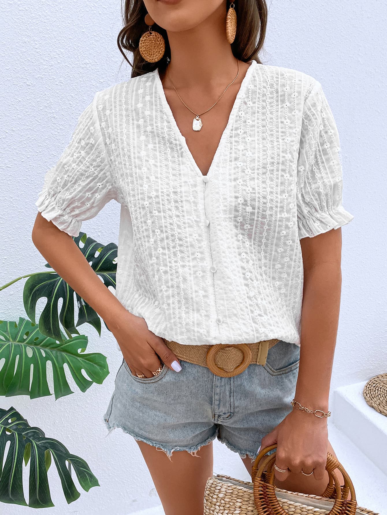 Honey Buttoned V-Neck Flounce Sleeve Top - The Goddess Galleries