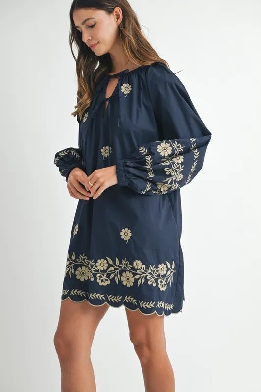 MABLE Embroidered Long Sleeve Peasant Mini Dress - The Goddess Galleries
