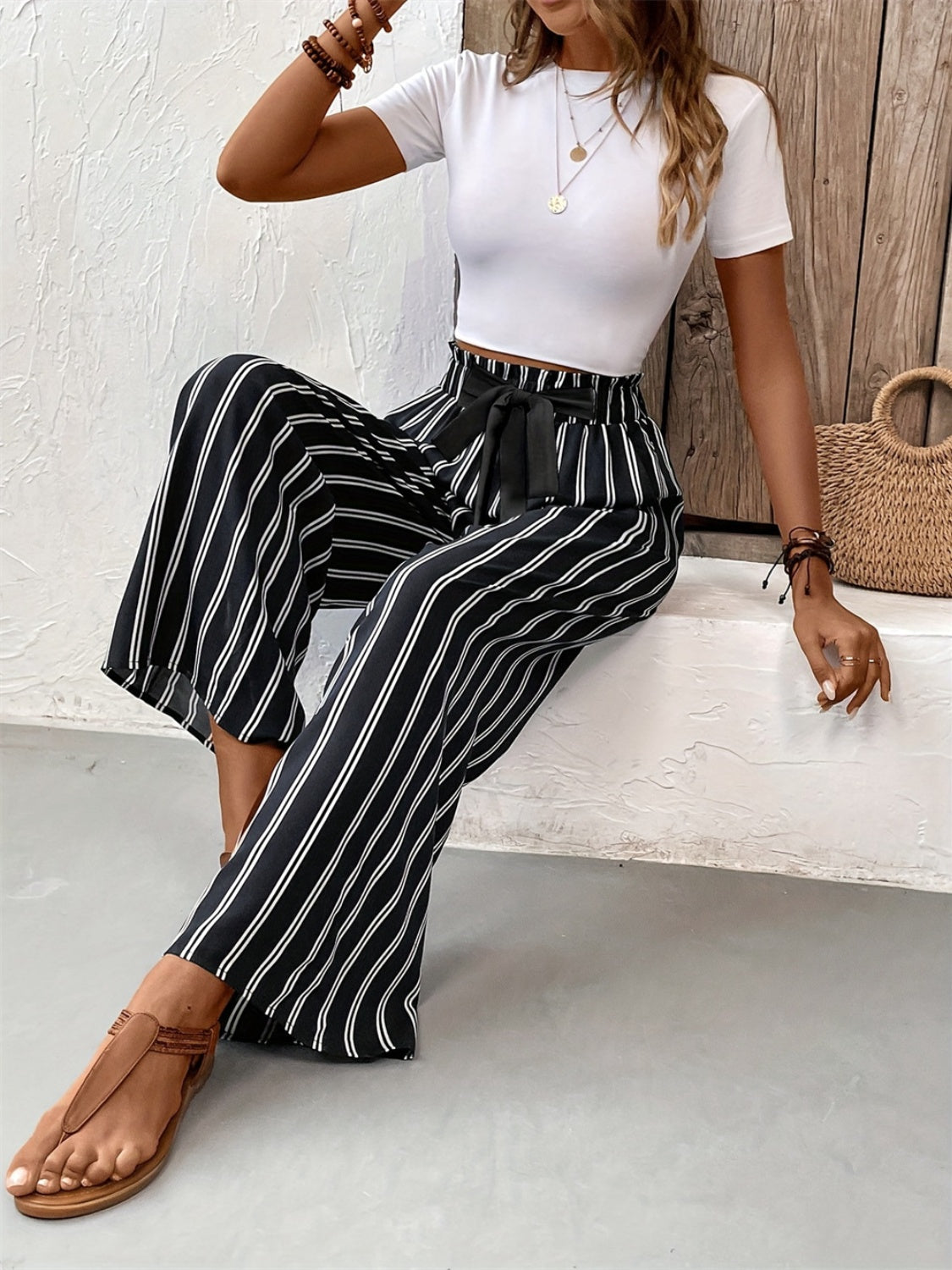 Striped High Waist Wide Leg Pants - The Goddess Galleries