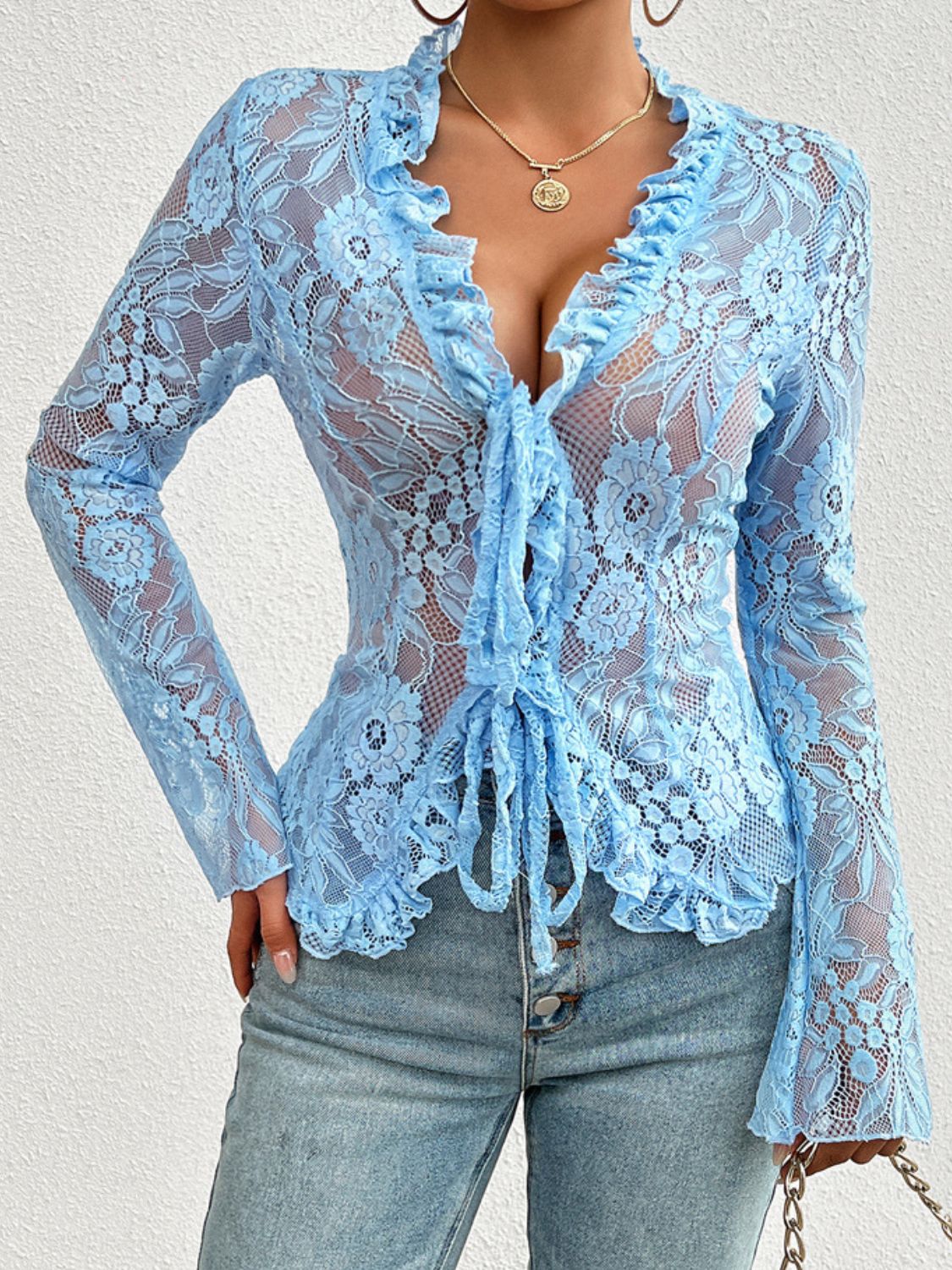 Tied V-Neck Long Sleeve Lace Top - The Goddess Galleries