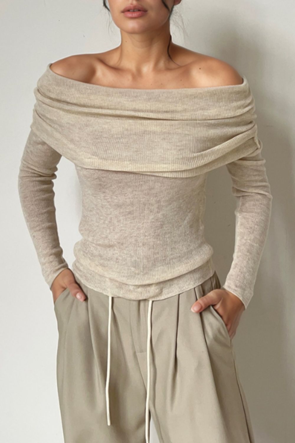 Off-Shoulder Long Sleeve Knit Top - The Goddess Galleries