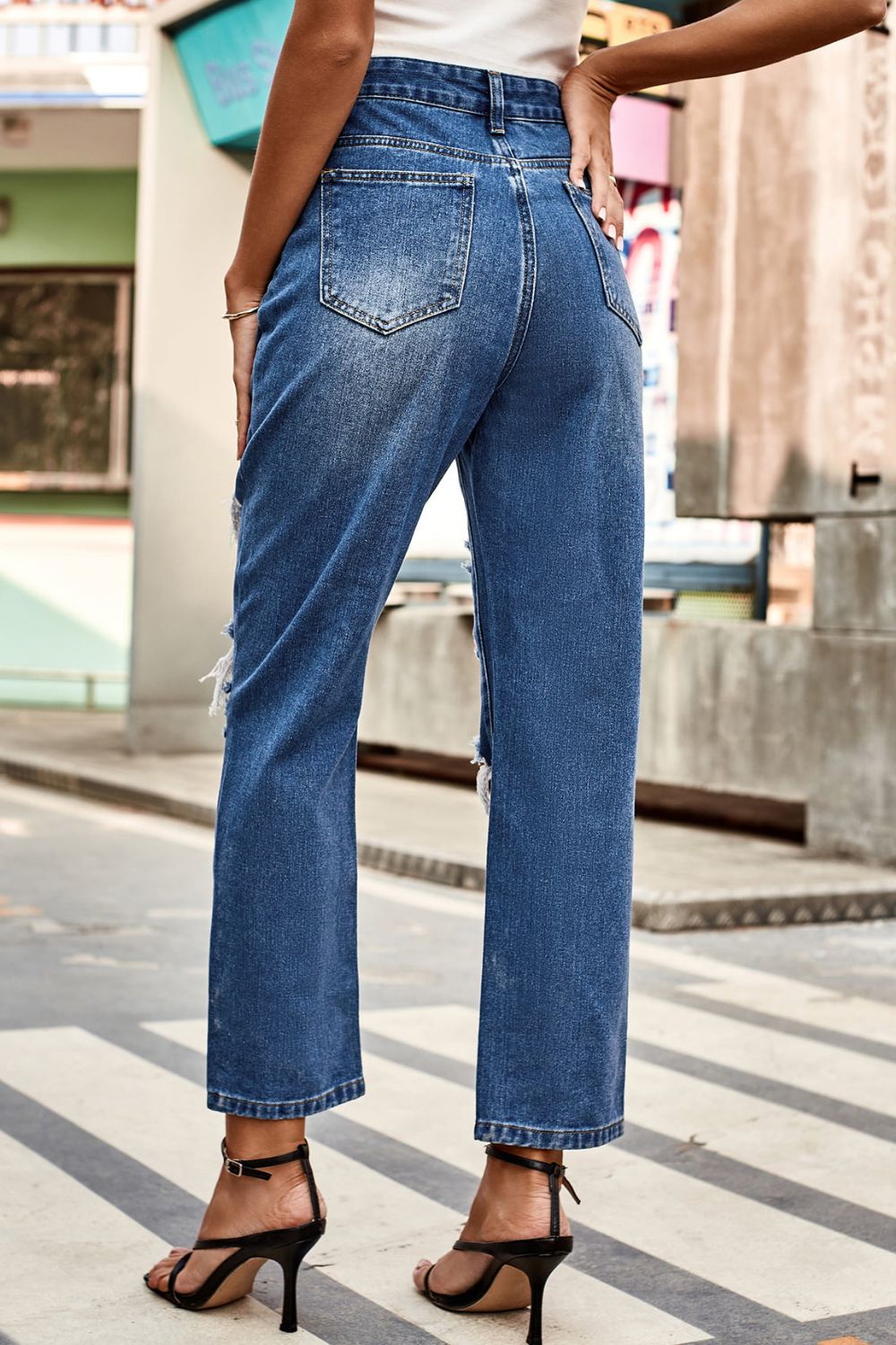 Distressed High Waist Straight Jeans - The Goddess Galleries