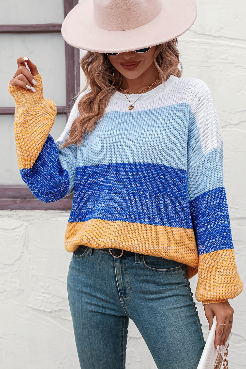 Round Neck Color Block Ribbed Pullover Sweater - The Goddess Galleries