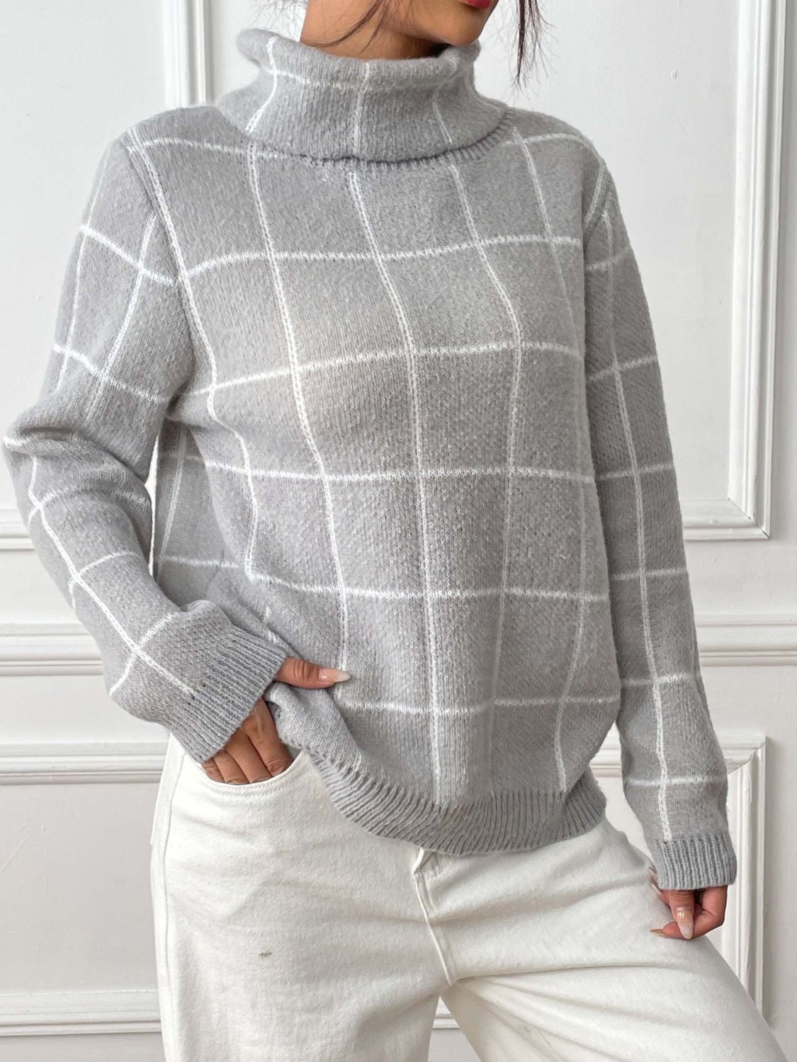 Plaid Turtleneck Long Sleeve Sweater - The Goddess Galleries