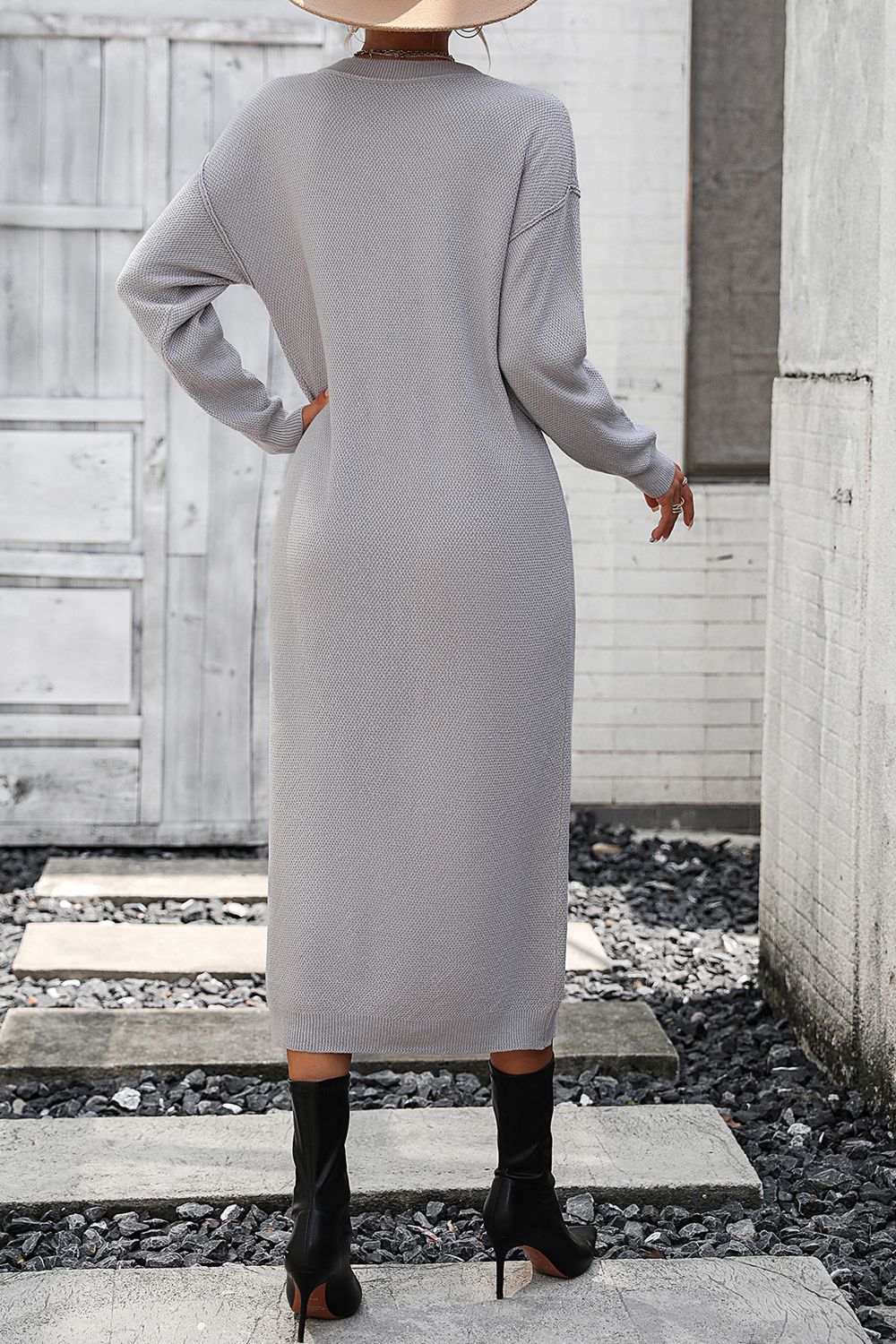 Decorative Button Notched Dropped Shoulder Sweater Dress - The Goddess Galleries
