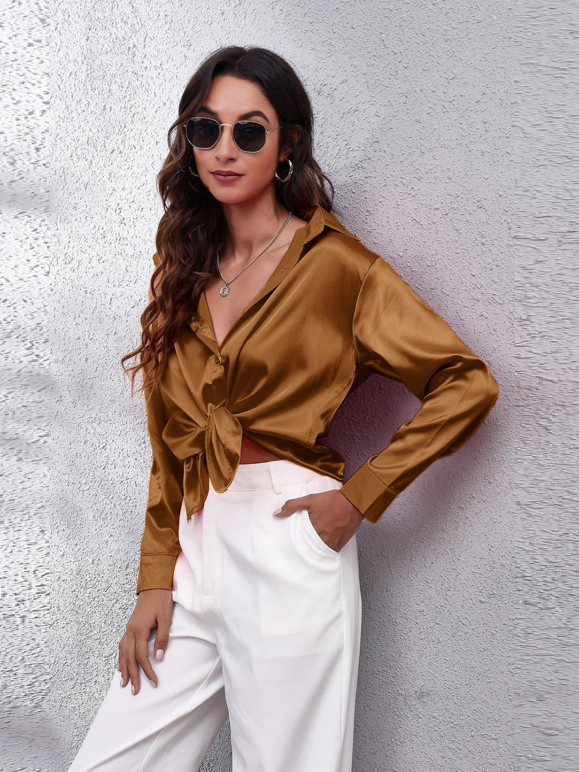 Collared Neck Buttoned Long Sleeve Shirt - The Goddess Galleries