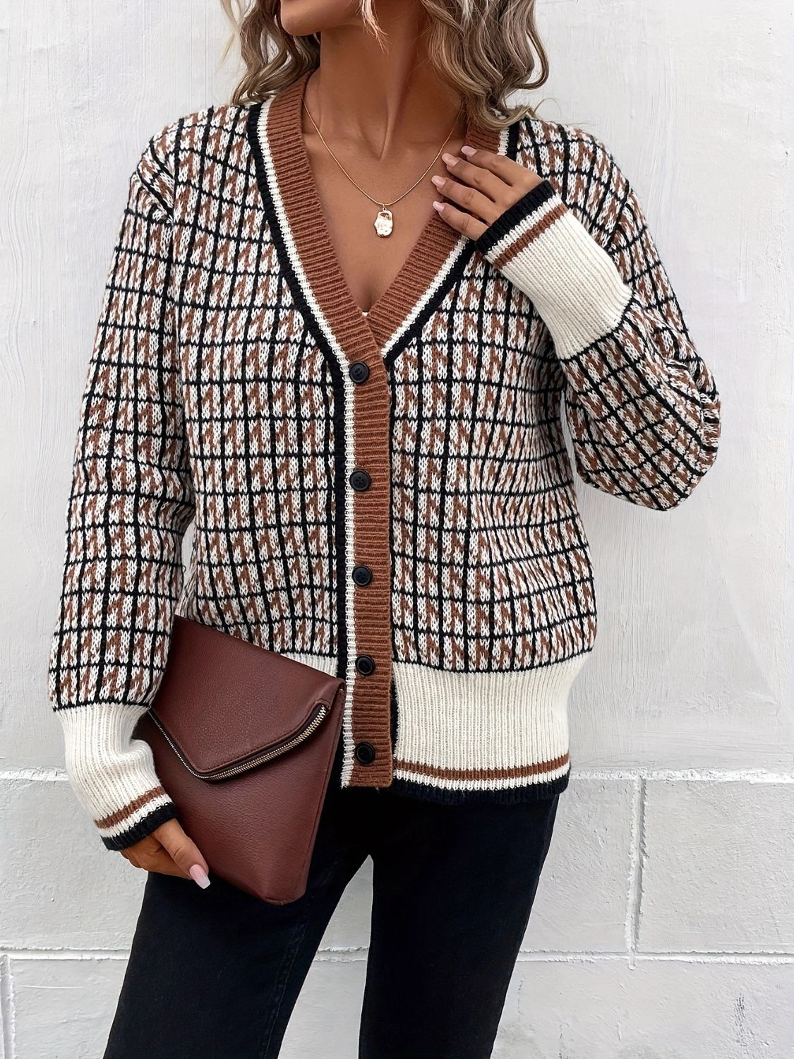 Plaid V-Neck Button Up Cardigan - The Goddess Galleries