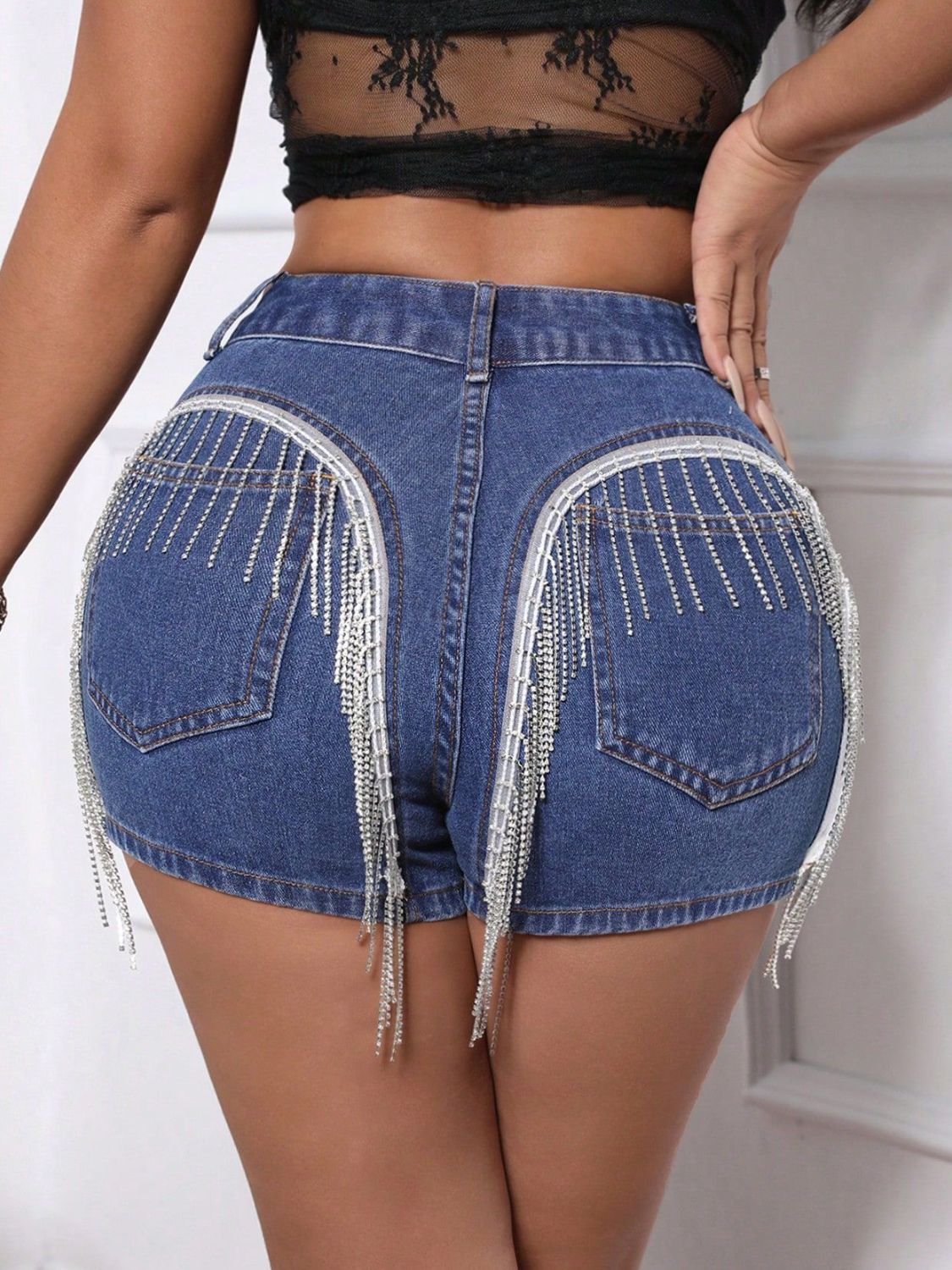 Fringe Back Denim Shorts with Pockets - The Goddess Galleries