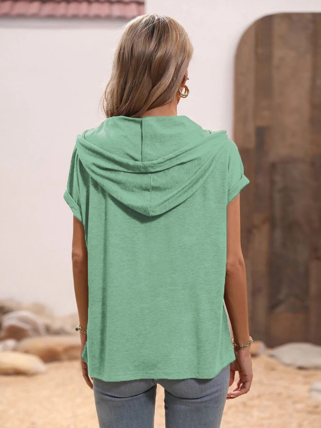 Half Button Hooded Short Sleeve Blouse - The Goddess Galleries