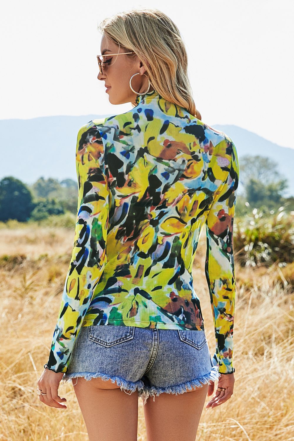 Printed Mock Neck Long Sleeve Blouse - The Goddess Galleries