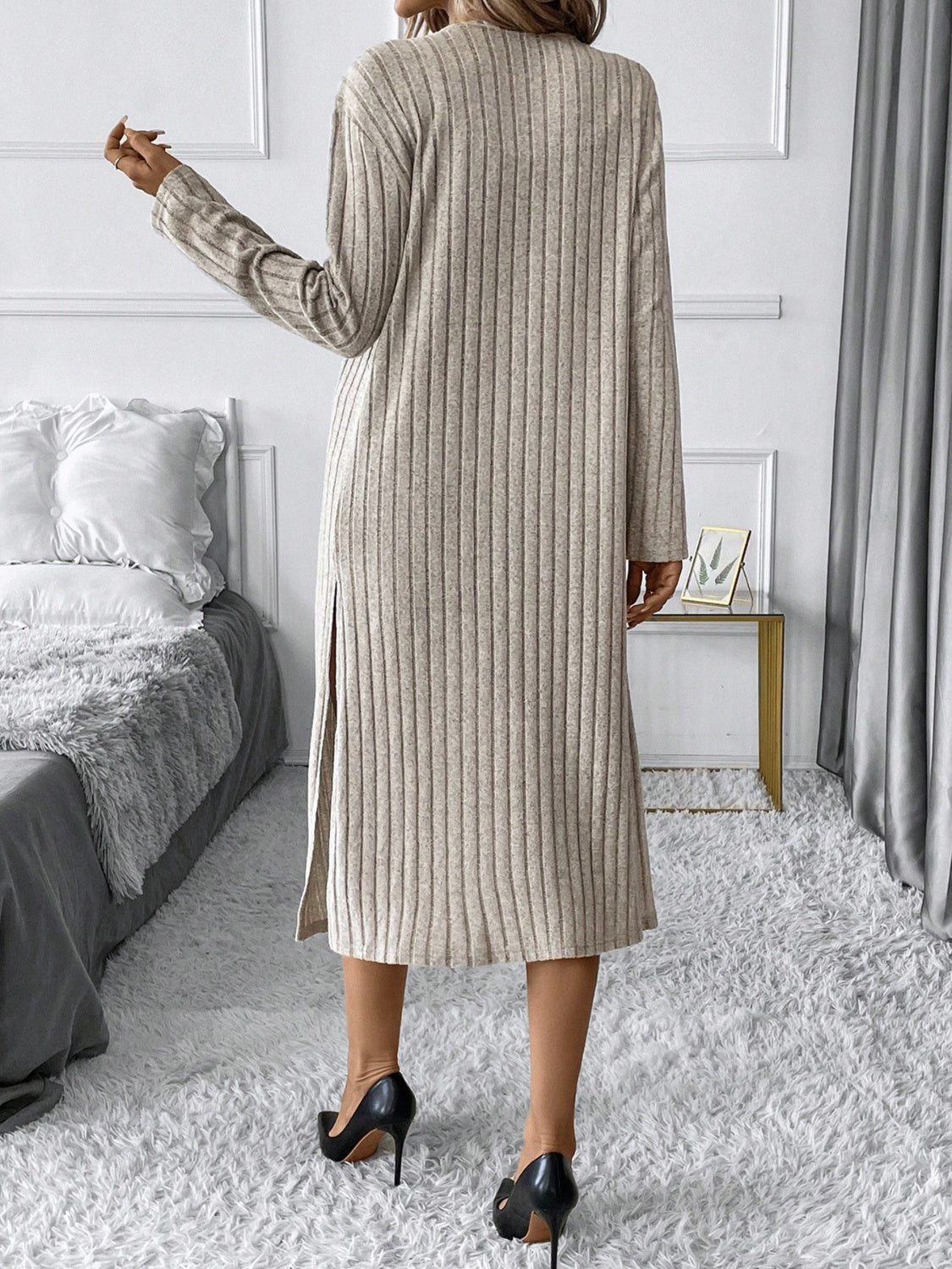 Side Slit Ribbed Open Front Cardigan - The Goddess Galleries