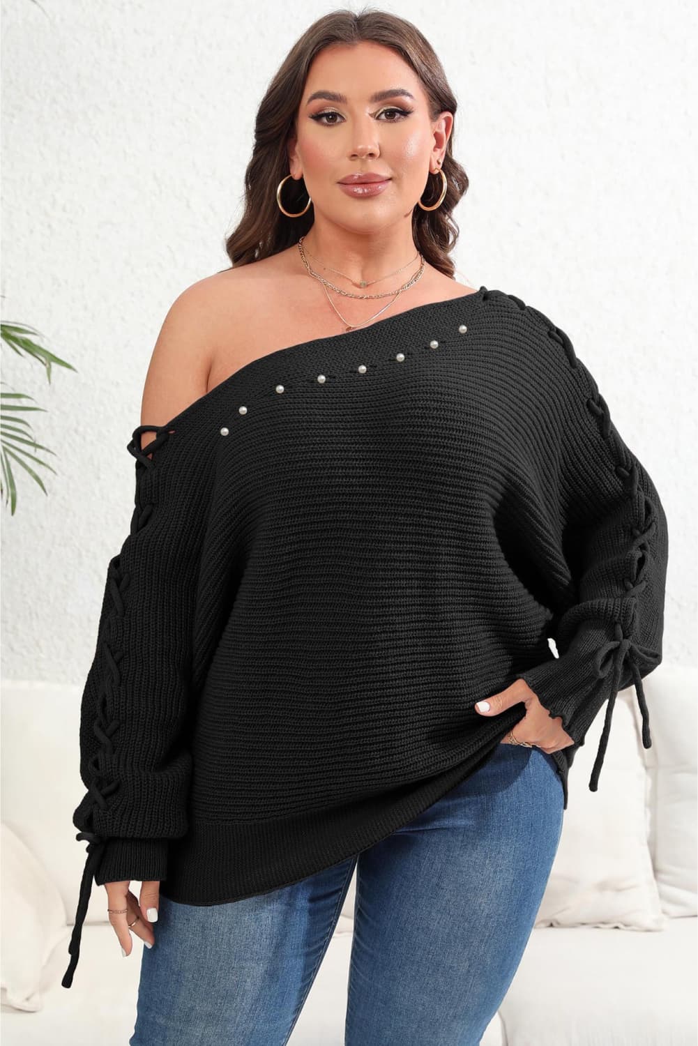 Plus Size One Shoulder Beaded Sweater - The Goddess Galleries