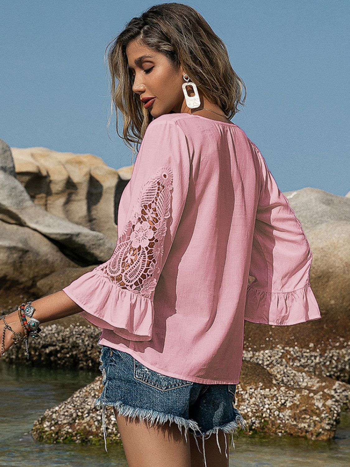 V-Neck Lace Flounce Sleeve Blouse - The Goddess Galleries
