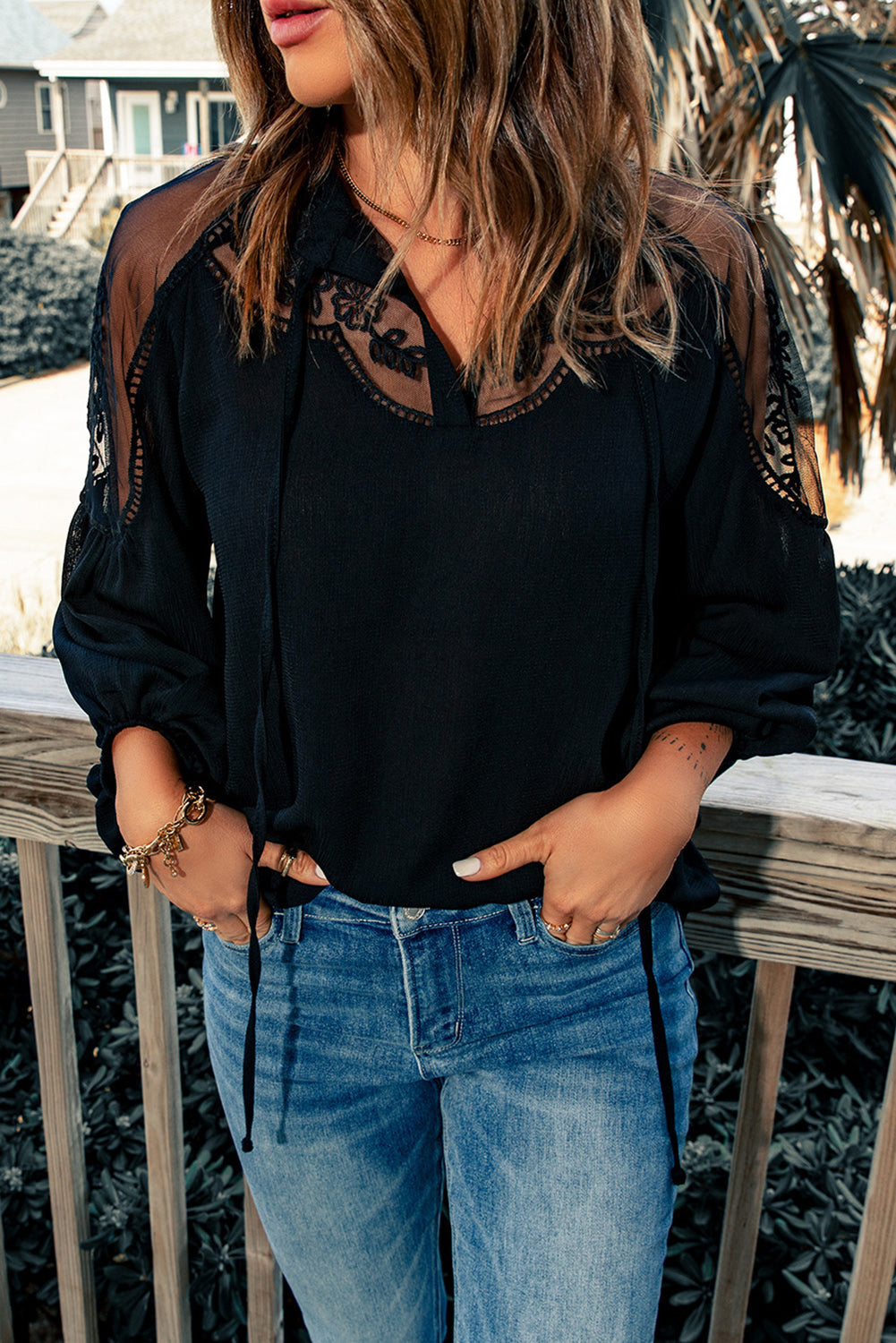 Embroidered Tie-Neck Puff Sleeve Blouse - The Goddess Galleries