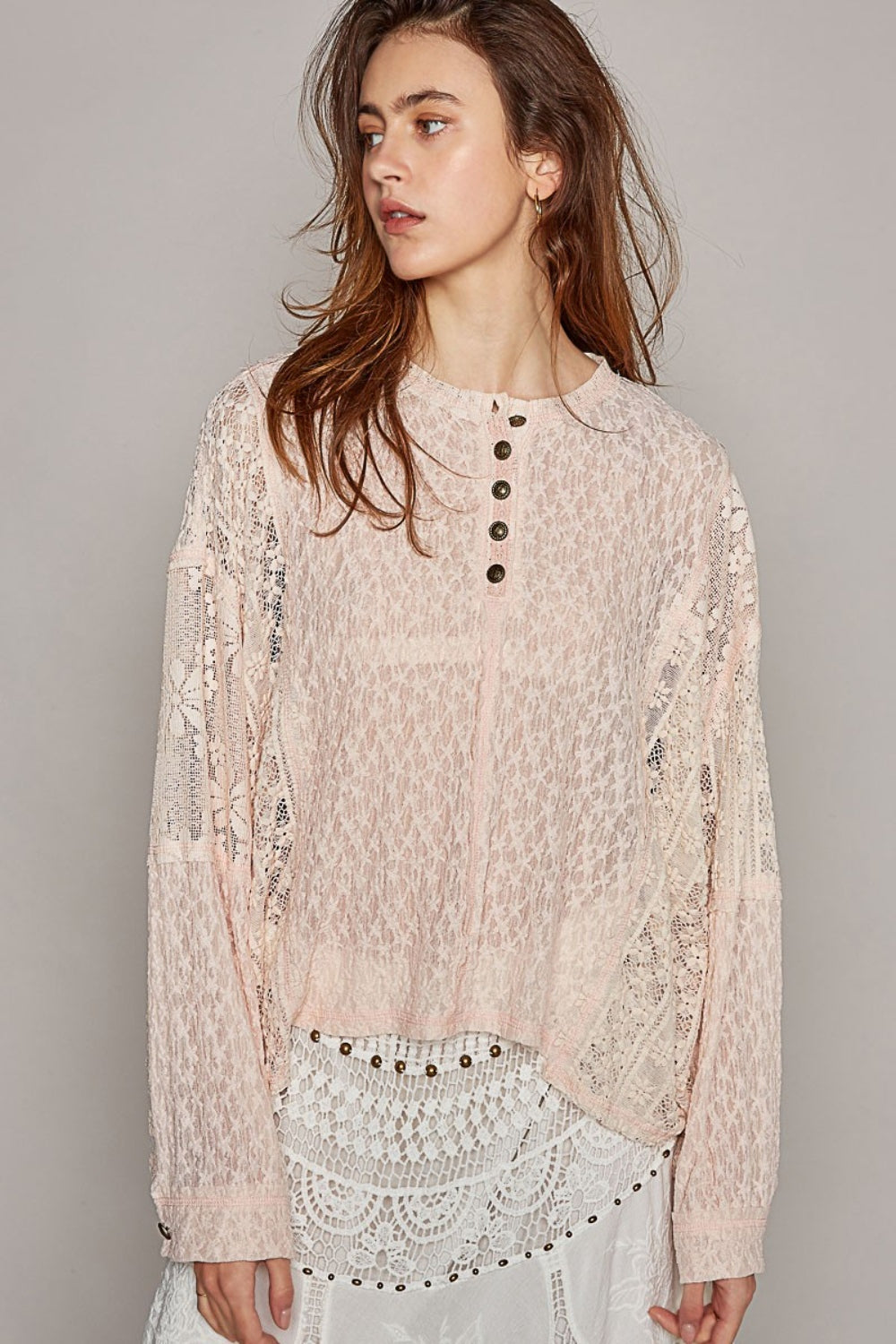 POL Round Neck Long Sleeve Raw Edge Lace Top - The Goddess Galleries