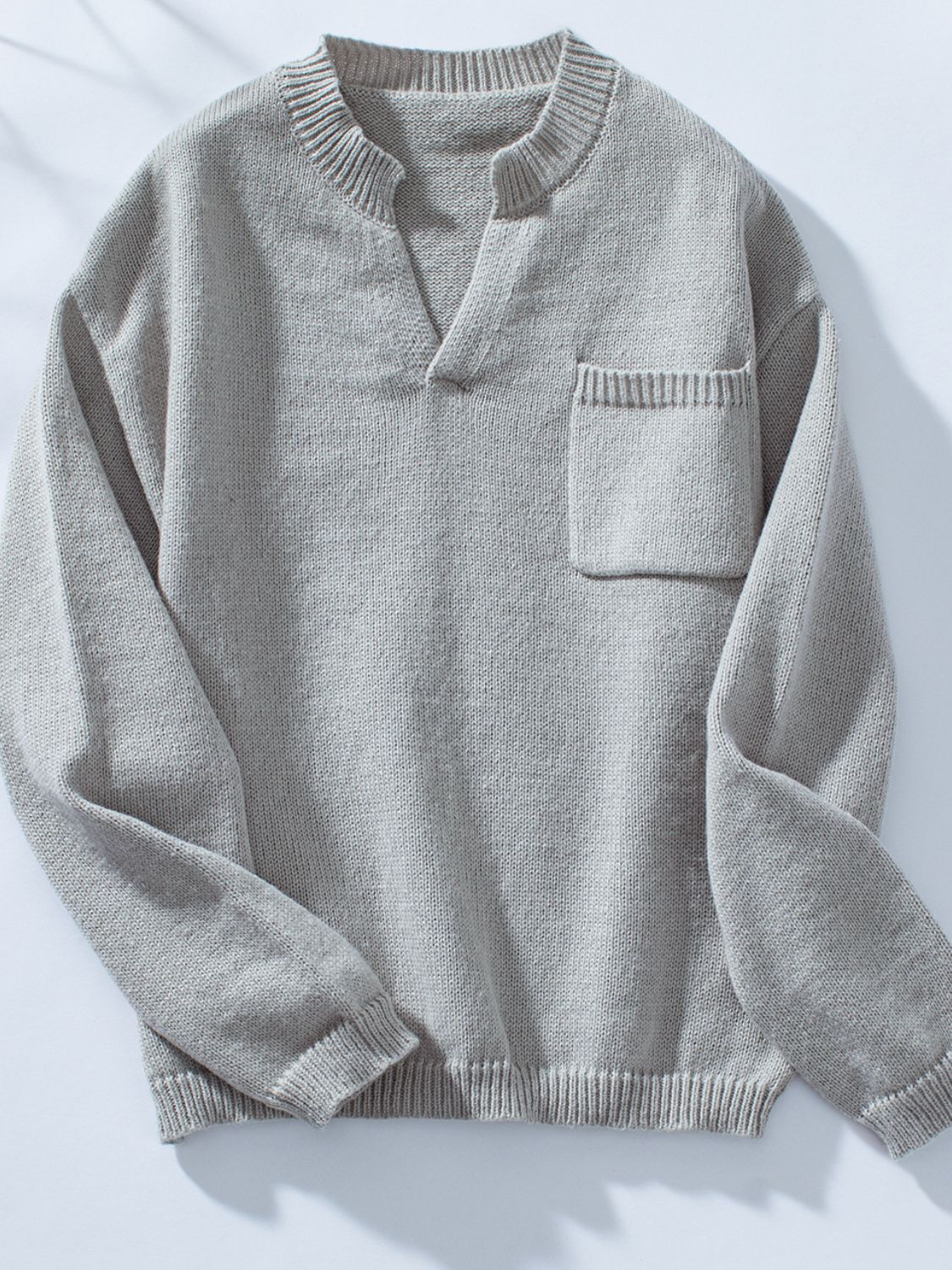Pocketed Notched Long Sleeve Knit Top - The Goddess Galleries
