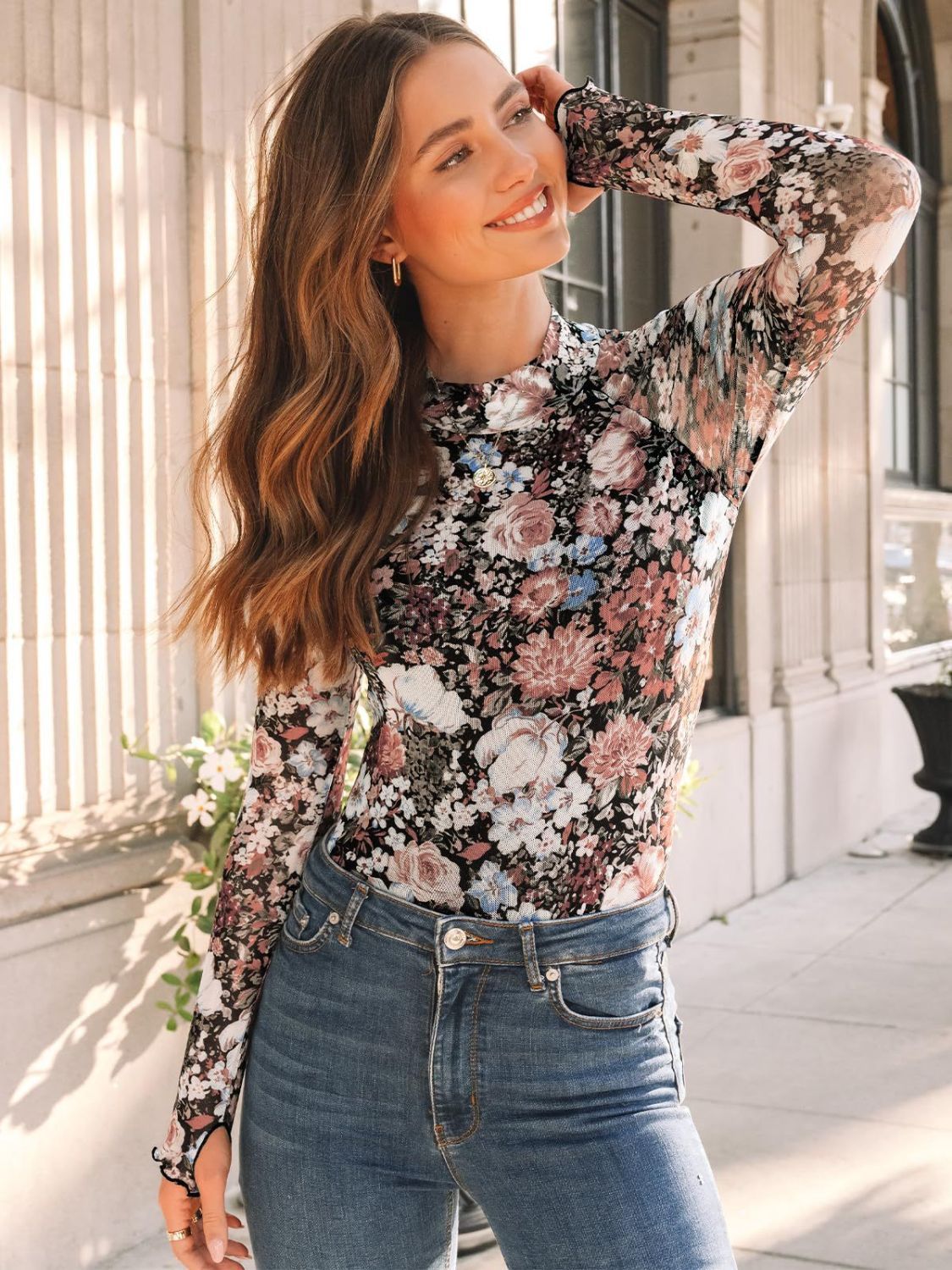 Floral Mock Neck Long Sleeve T-Shirt - The Goddess Galleries