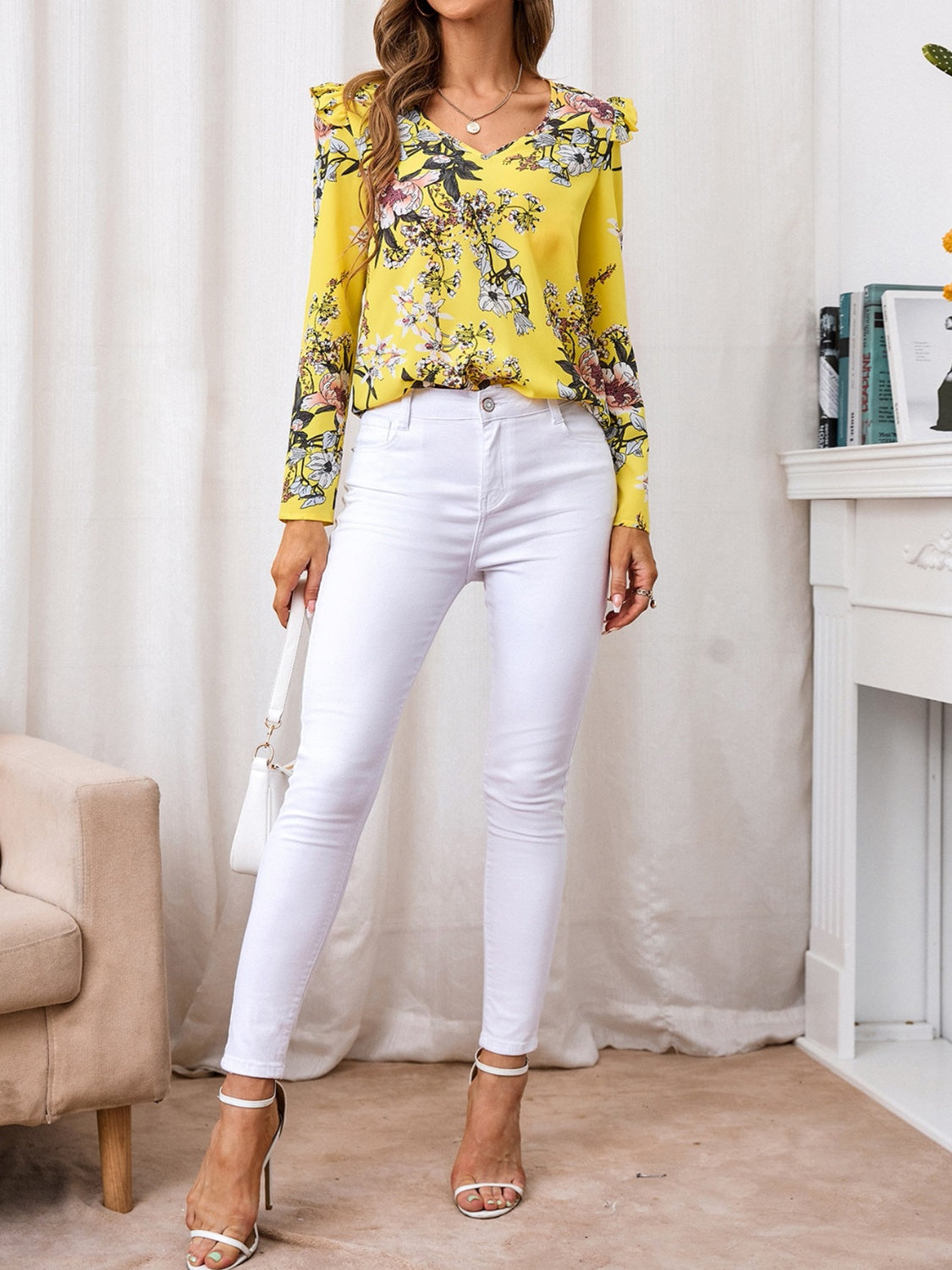 Ruffled Printed V-Neck Long Sleeve Blouse - The Goddess Galleries