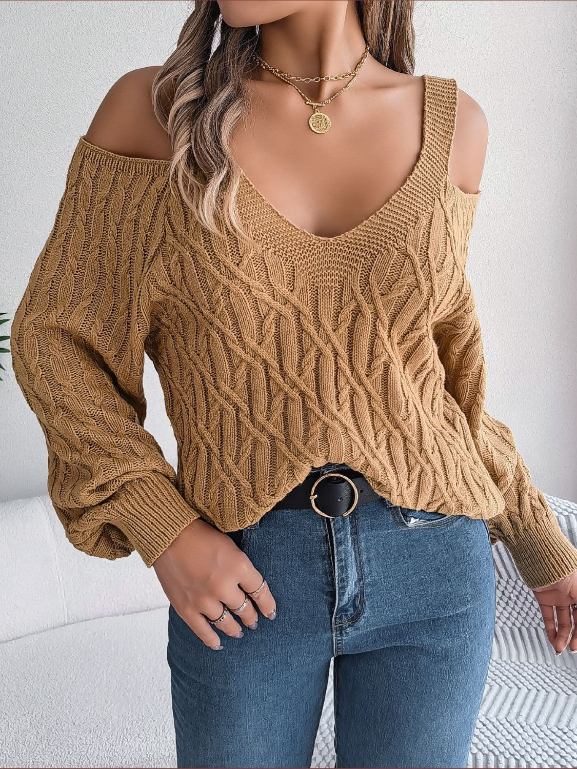 Cable-Knit Cold Shoulder Long Sleeve Sweater - The Goddess Galleries