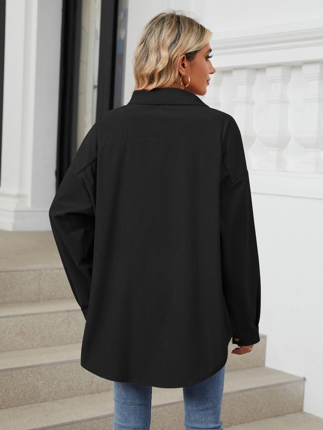 Collared Neck Long Sleeve Dropped Shoulder Shirt - The Goddess Galleries