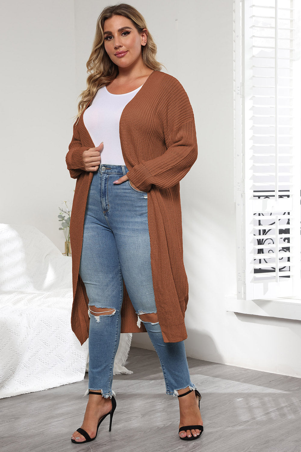 Plus Size Open Front Long Sleeve Cardigan - The Goddess Galleries