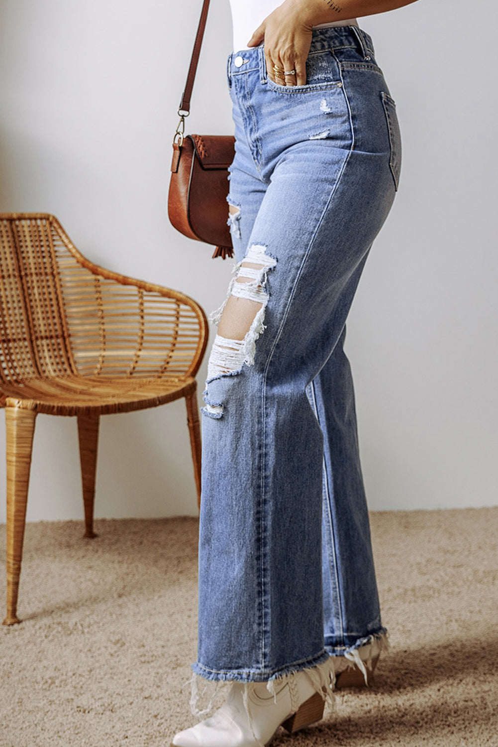 Distressed Straight Leg Jeans with Pockets - The Goddess Galleries