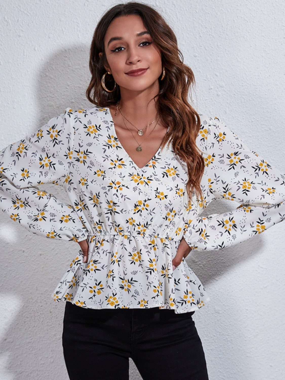 Floral V-Neck Balloon Sleeve Peplum Blouse - The Goddess Galleries