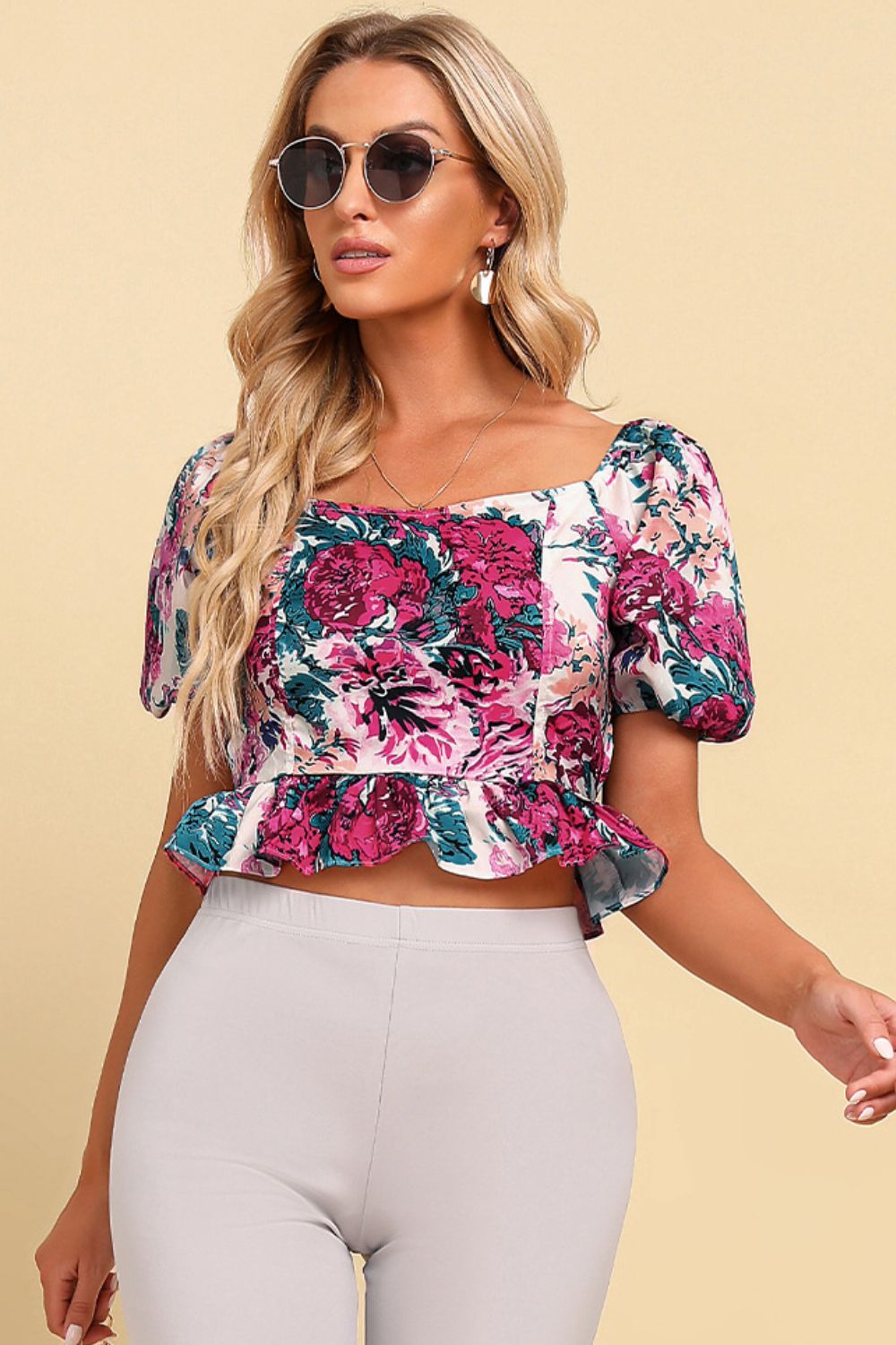 Floral Tied Cropped Peplum Blouse - The Goddess Galleries