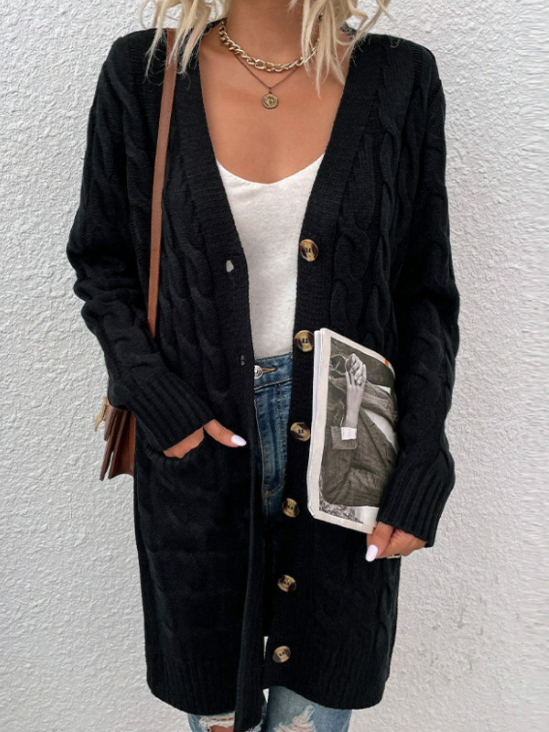 Cable-Knit Button Down Cardigan with Pockets - The Goddess Galleries