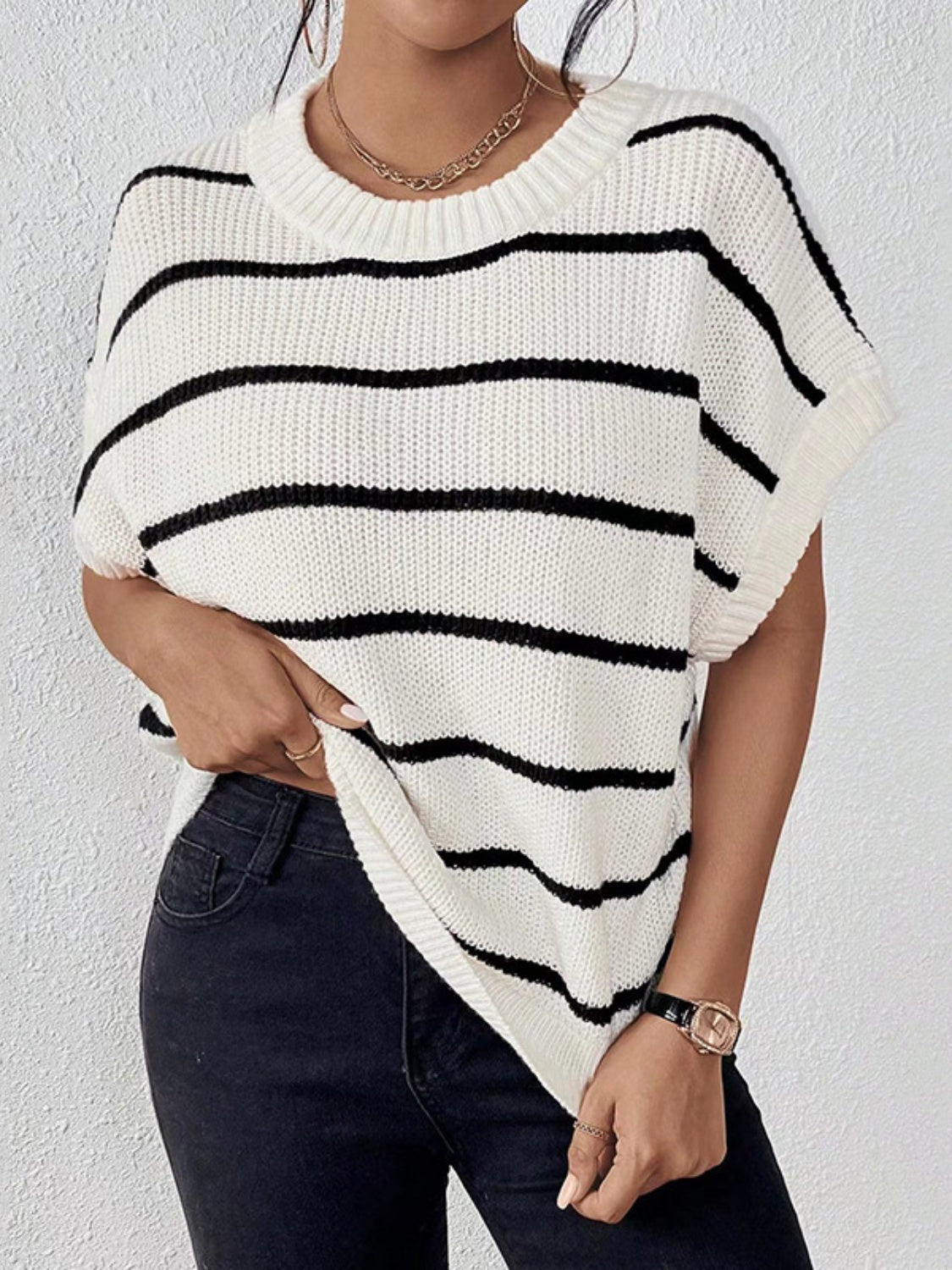 Striped Round Neck Short Sleeve Knit Top - The Goddess Galleries
