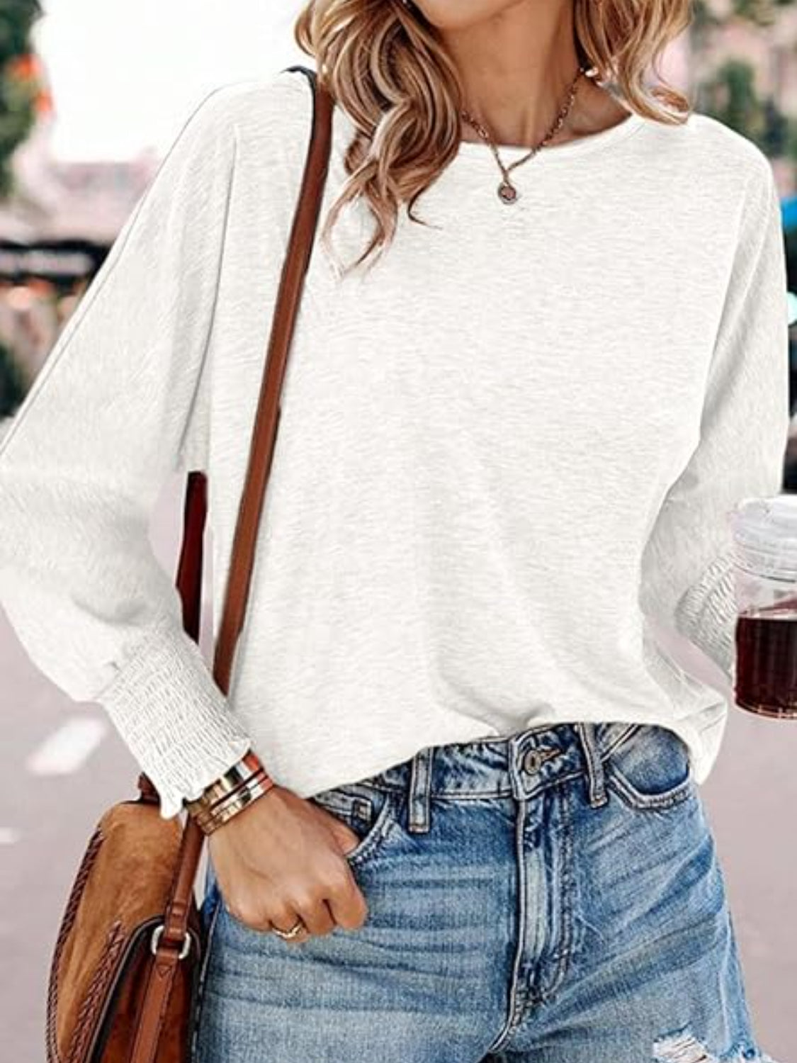 Round Neck Smocked Lantern Sleeve T-Shirt - The Goddess Galleries