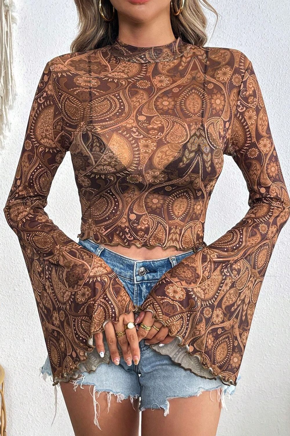Printed Mock Neck Flare Sleeve Top - The Goddess Galleries