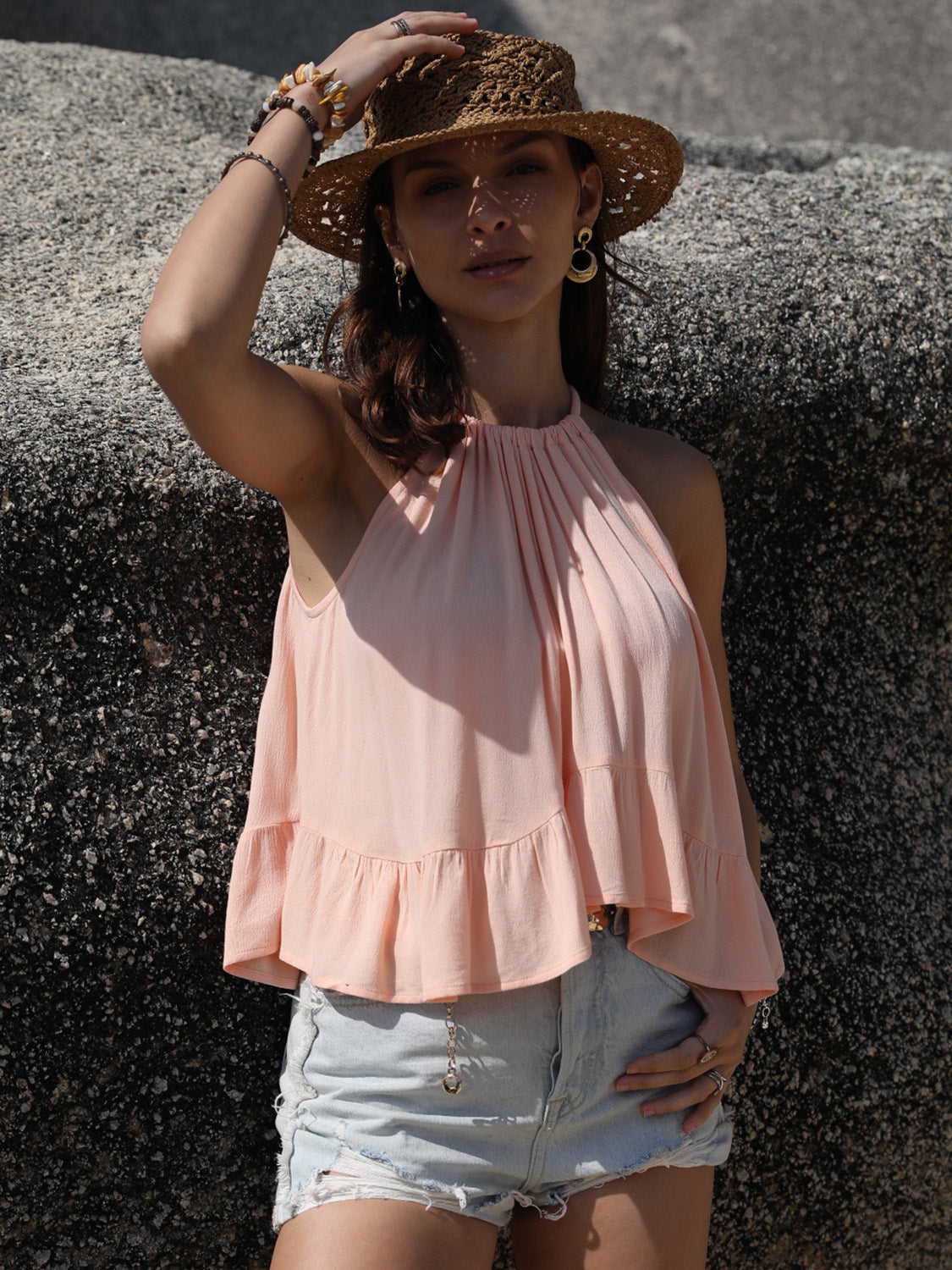 Ruched Peplum Round Neck Tank - The Goddess Galleries