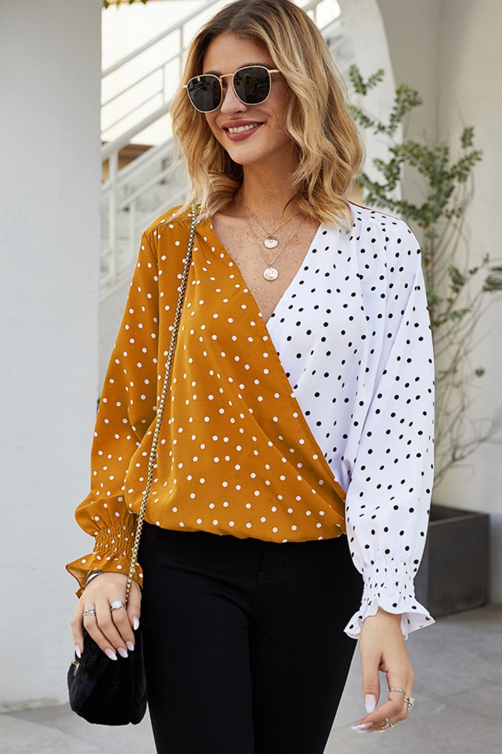 Ivy Lane Polka Dot Surplice Neck Lantern Sleeve Blouse - The Goddess Galleries