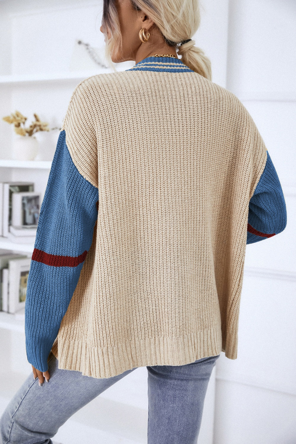 Contrast Button Up Dropped Shoulder Cardigan - The Goddess Galleries