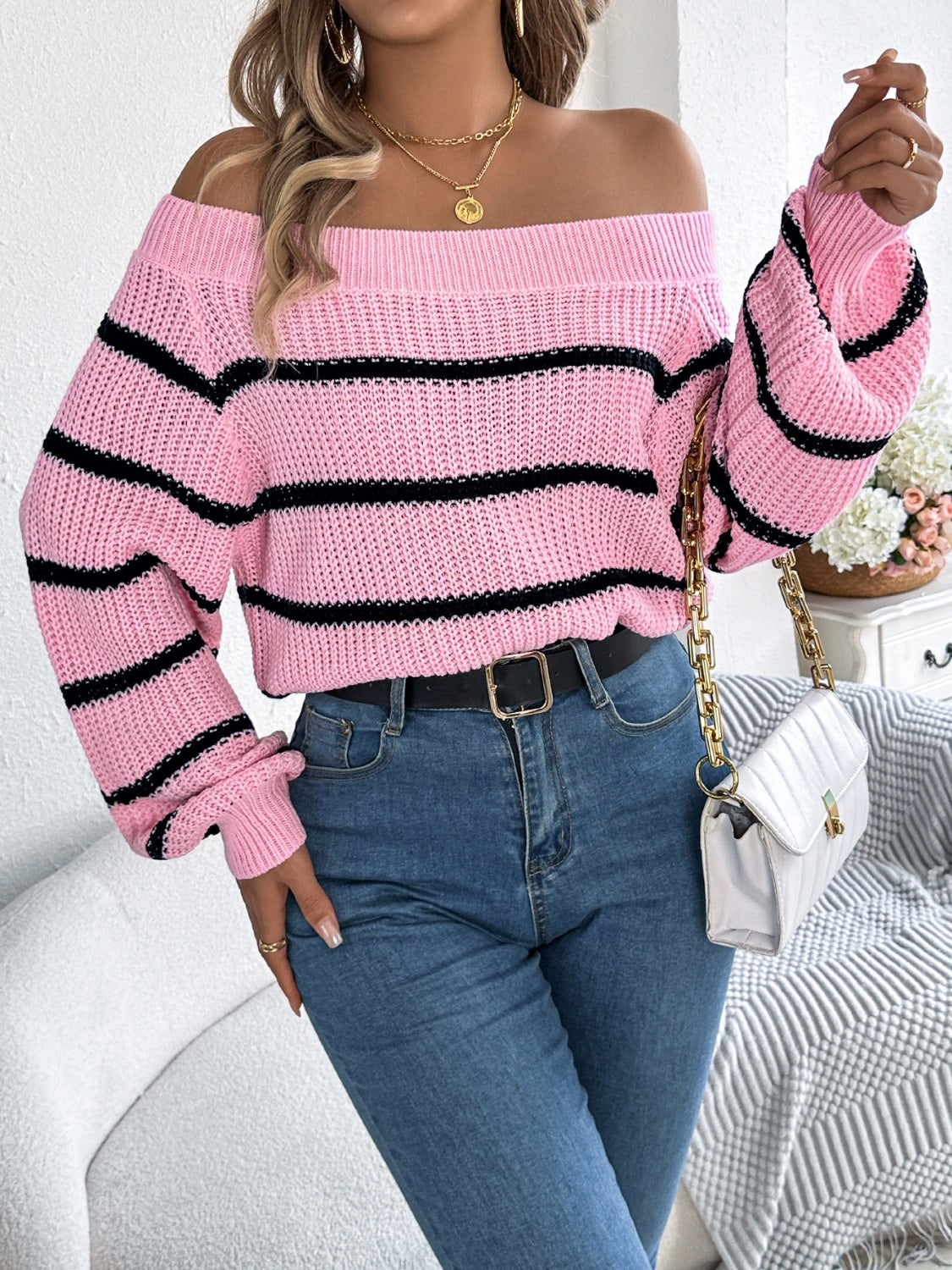 Striped Off-Shoulder Long Sleeve Sweater - The Goddess Galleries