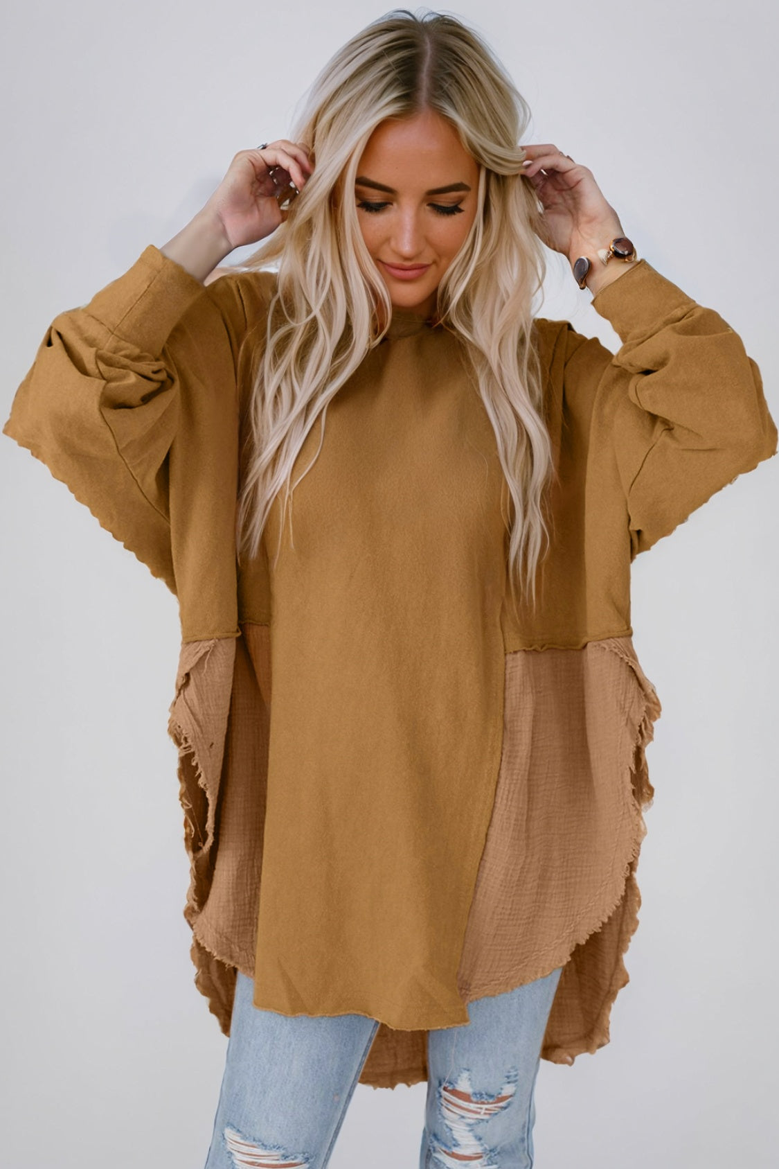 Contrast Texture Round Neck Long Sleeve Blouse - The Goddess Galleries