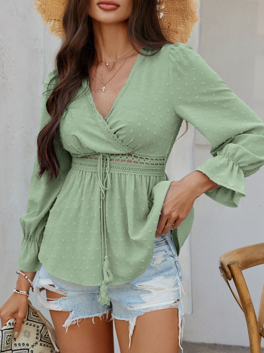 Devine Swiss Dot Lace Detail Surplice Flounce Sleeve Blouse - The Goddess Galleries