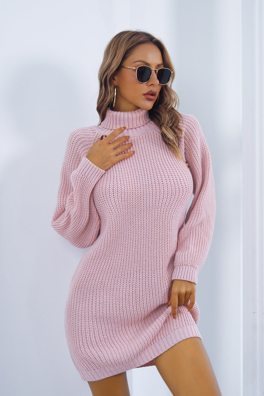 Buttoned Turtleneck Long Sleeve Sweater Dress - The Goddess Galleries