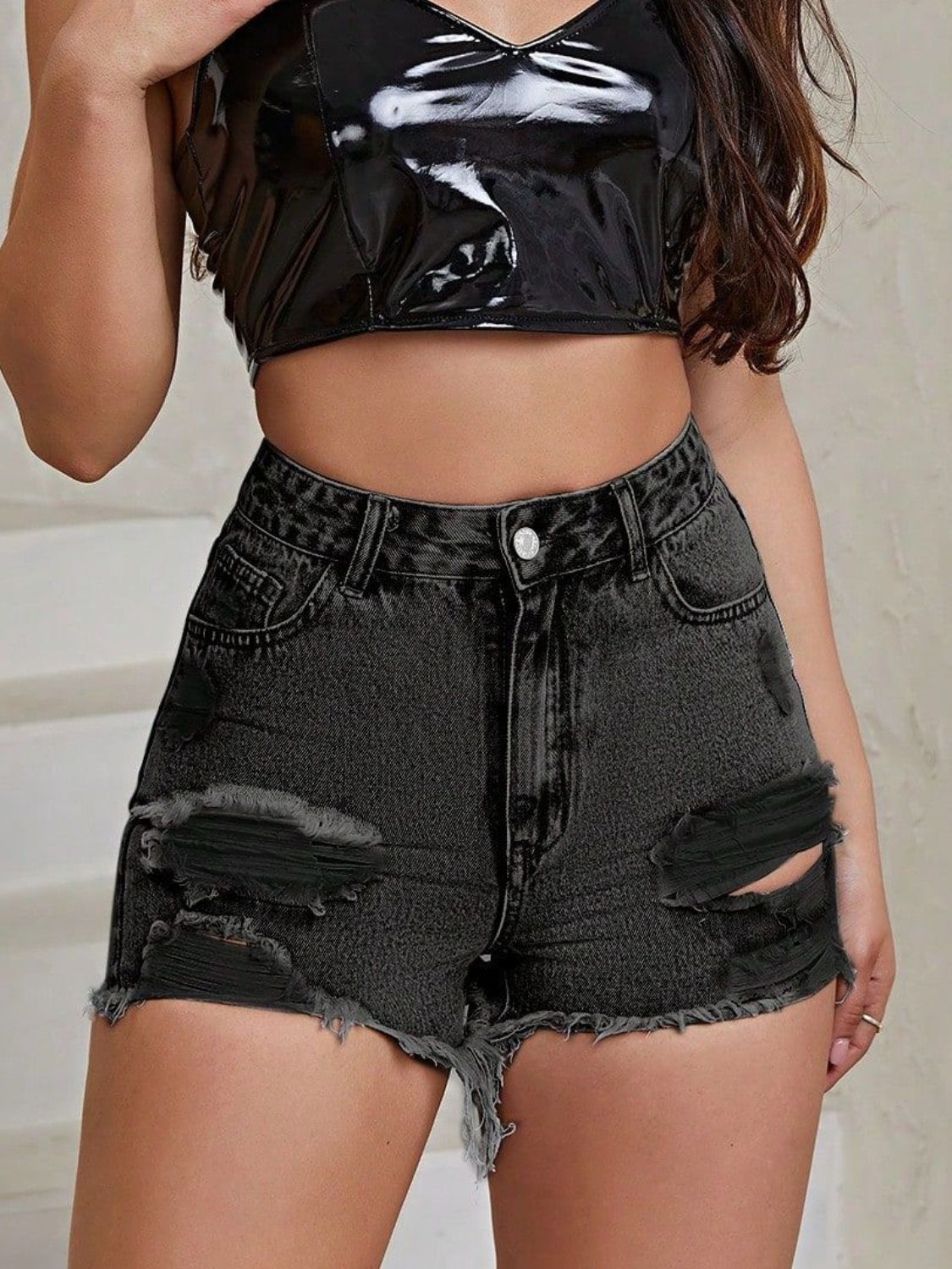Distressed Raw Hem High Rise Denim Shorts - The Goddess Galleries