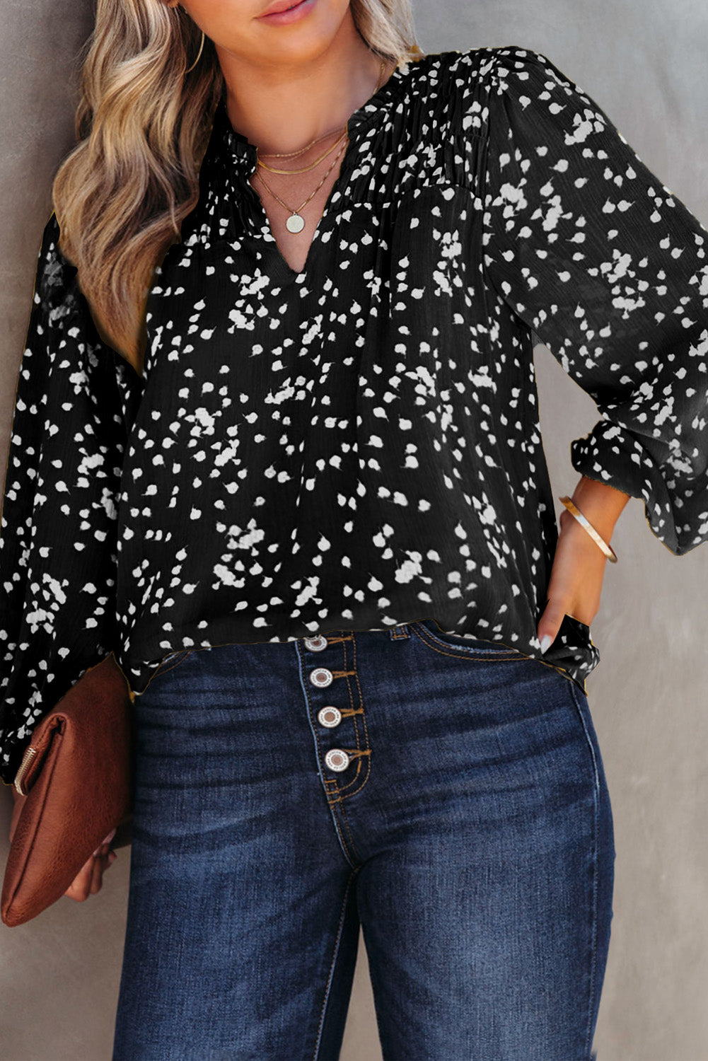Plus Size Notched Neck Smocked Blouse - The Goddess Galleries