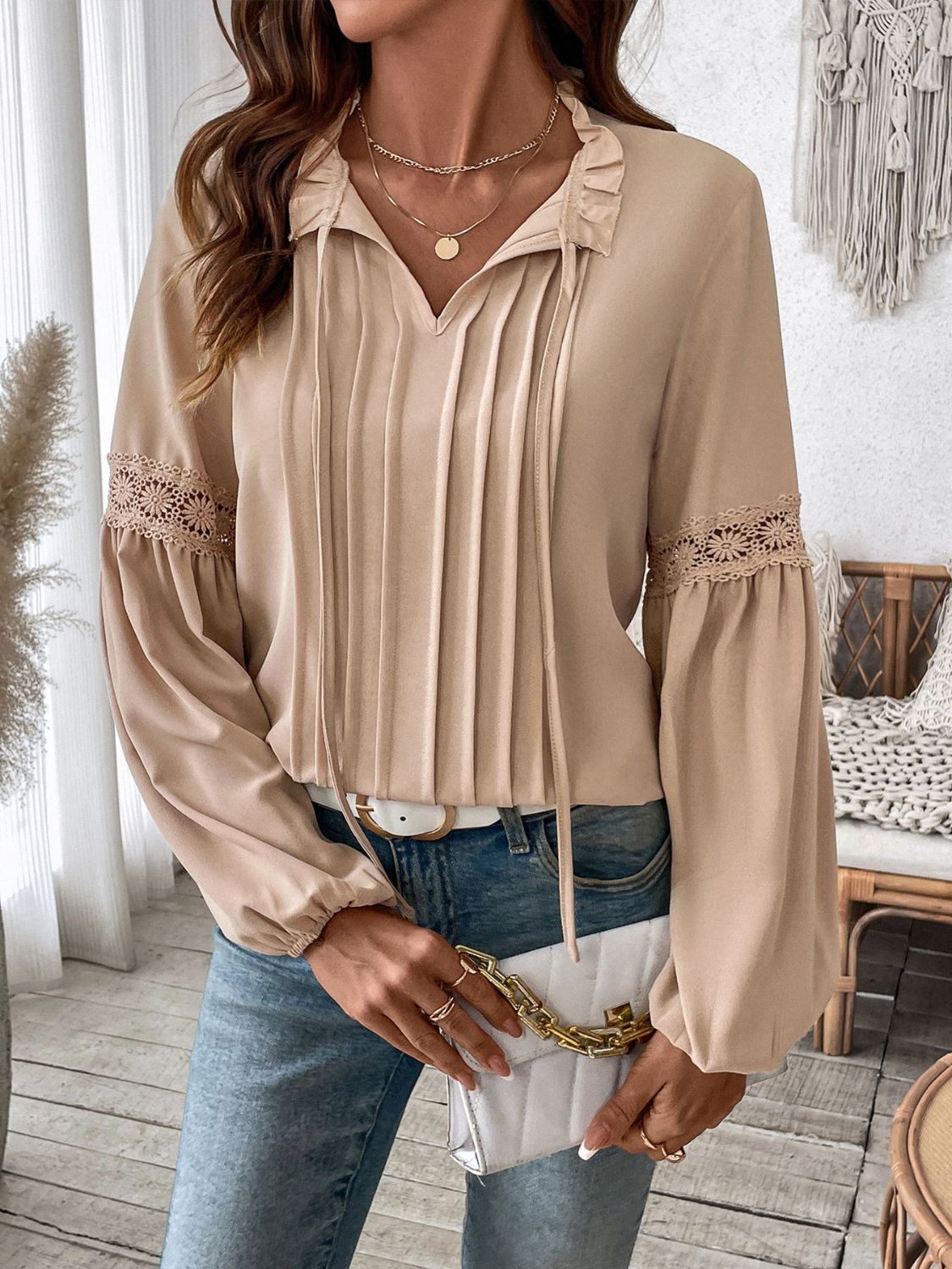 Perfee Frill Tie Neck Long Sleeve Blouse - The Goddess Galleries