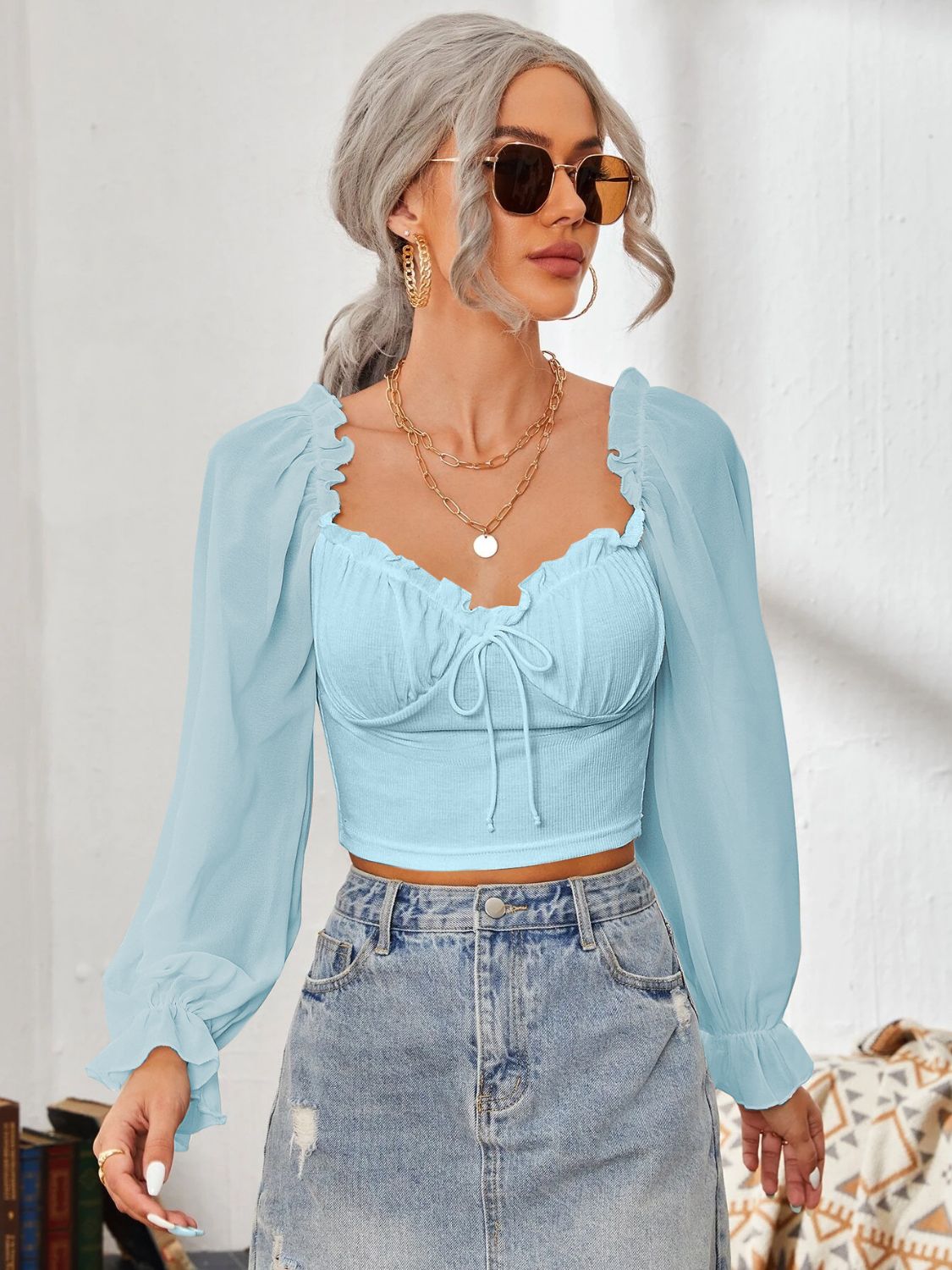 Mesh Sweetheart Neck Flounce Sleeve Top - The Goddess Galleries