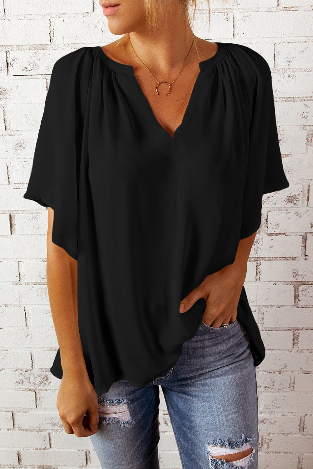 Gathered Detail Notched Neck Flutter Sleeve Top - The Goddess Galleries