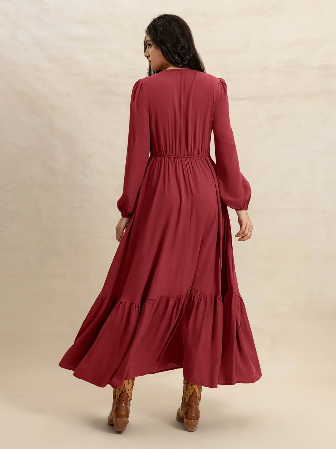 V-Neck Balloon Sleeve Ruffled Hem Maxi Dress - The Goddess Galleries