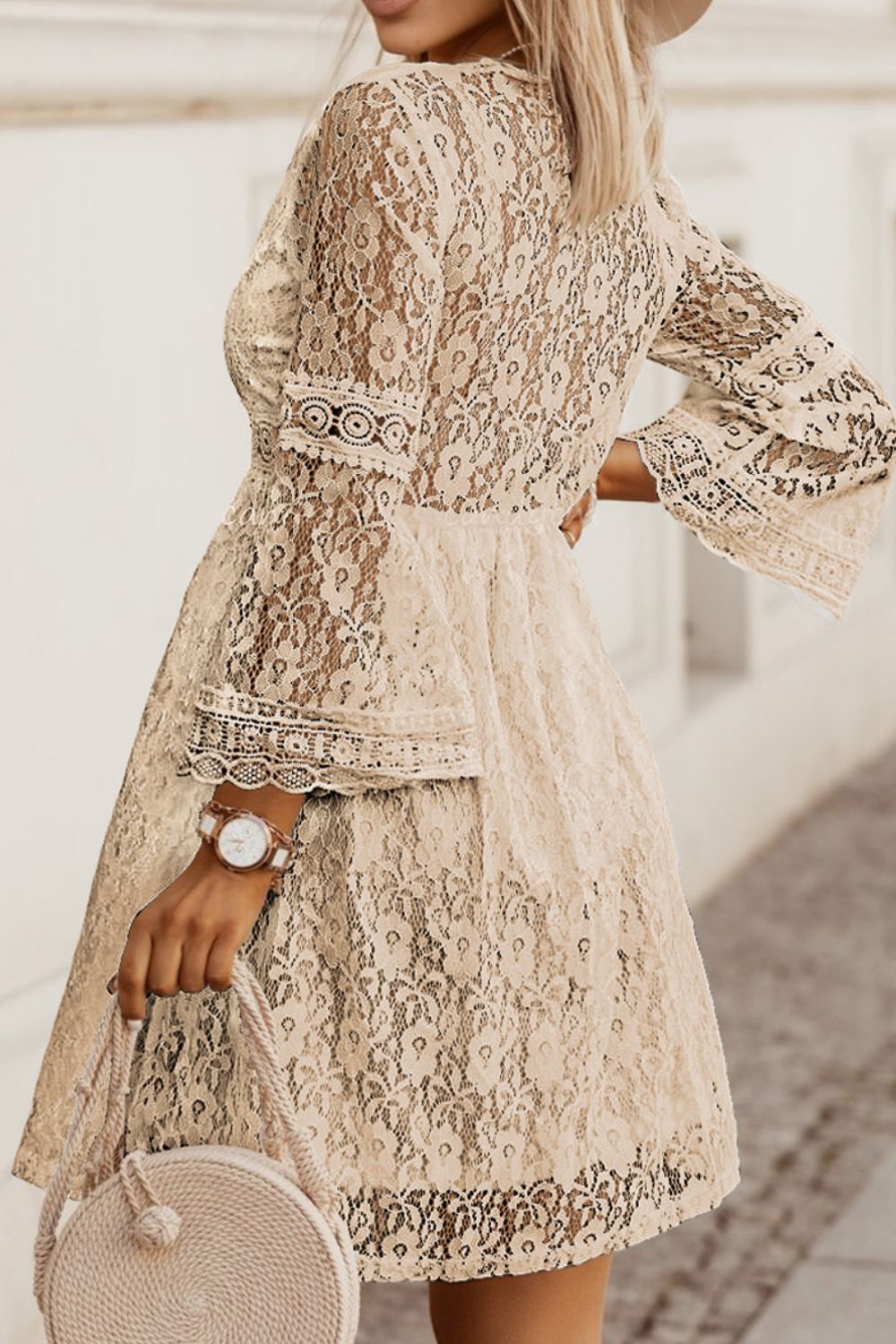 Lace V-Neck Three-Quarter Sleeve Dress - The Goddess Galleries